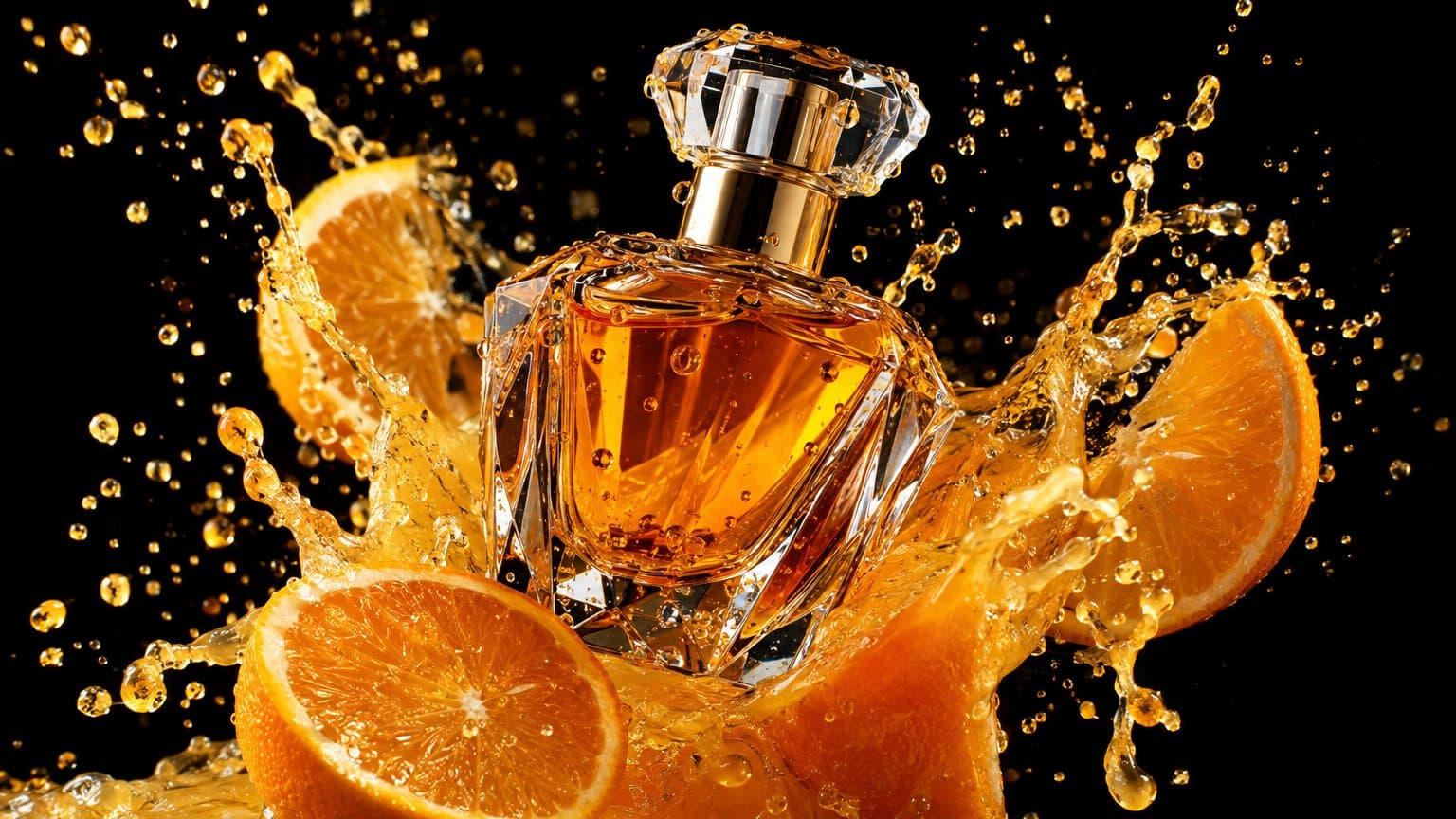 Perfume bottle in an orange splash