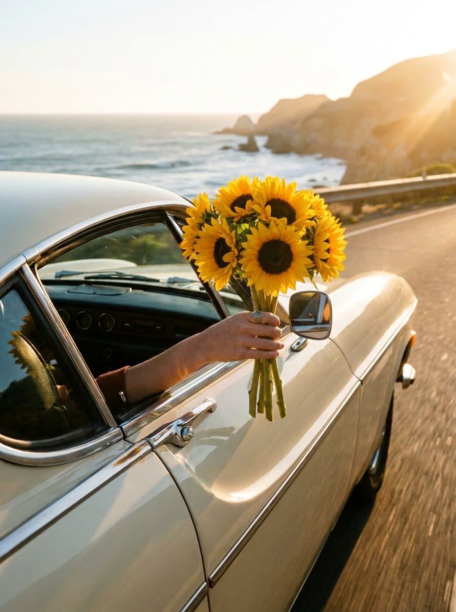 After: the car window with sunflowers instead of the tulip