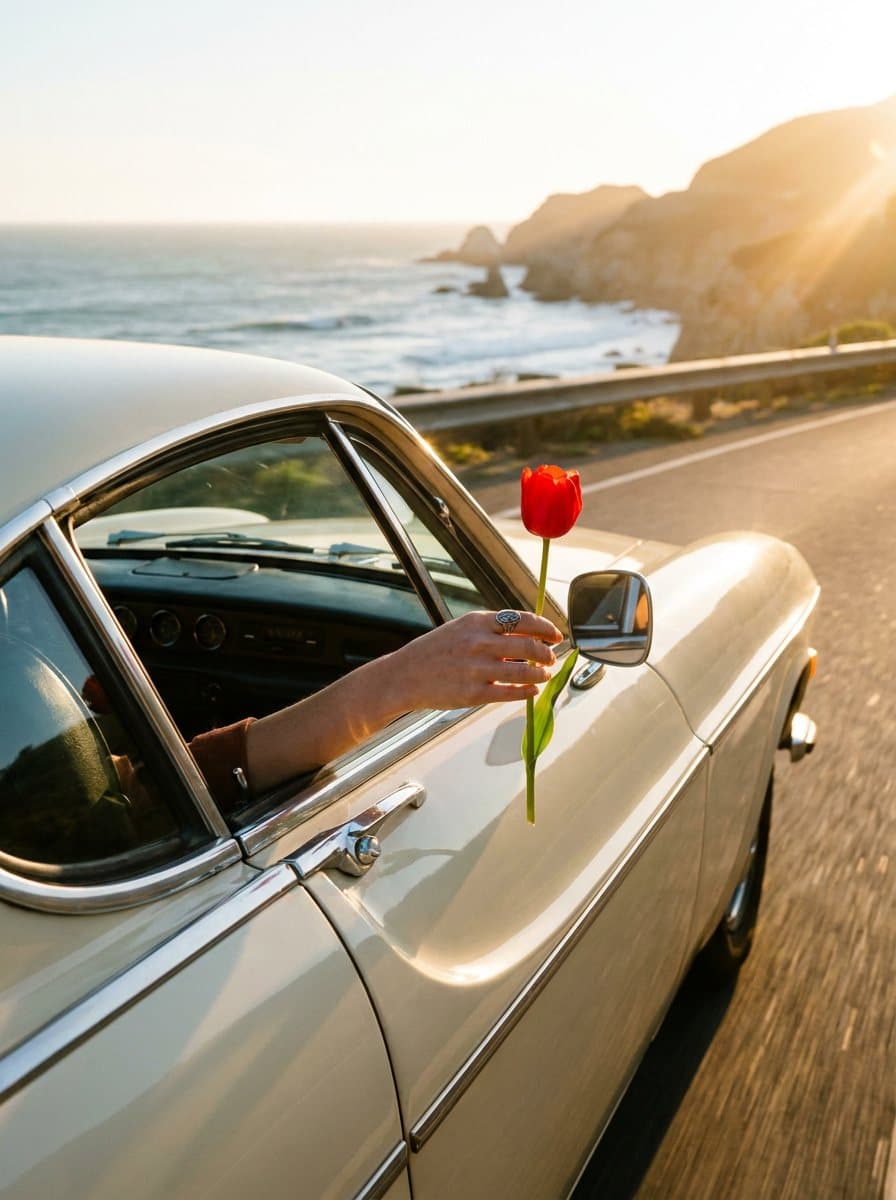 Hand holding a red tulip out of a vintage car window